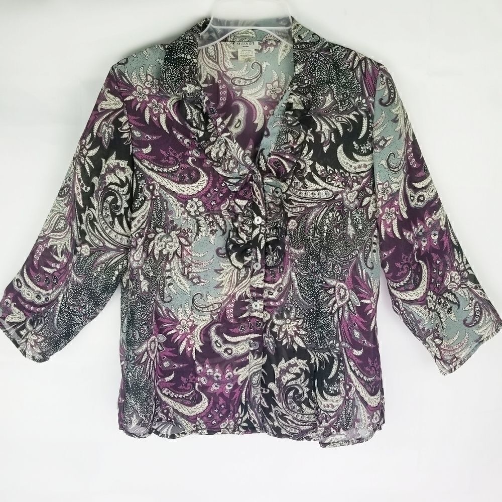 Mirage Mode Blouse with Ruffle Neckline. Size M